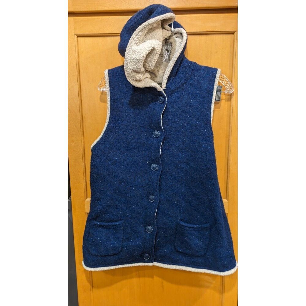 L.L.Bean Ladies Vest Coat Large Lambswool‎ Blend Blue Sherpa Lining Hooded Long